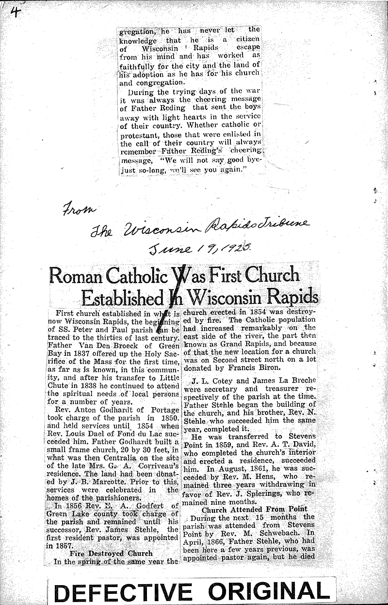  Source: Wisconsin Rapids Tribune Topics: Church History Date: 1923-03-20