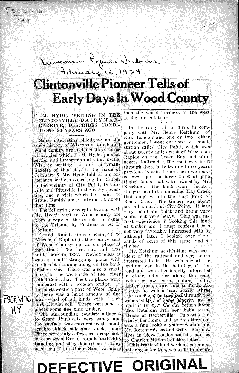 Clintonville pioneer tells of early days in Wood county Newspaper