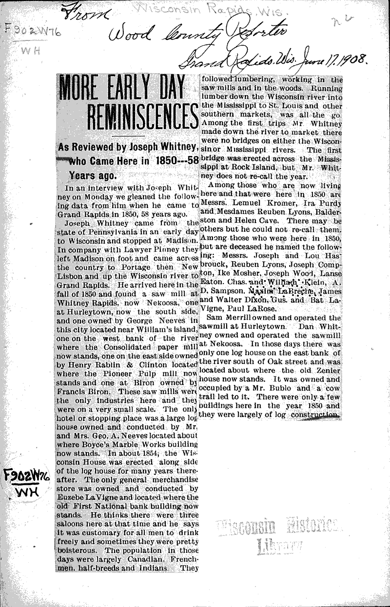 More early day reminiscences Newspaper Article/Clipping Wisconsin