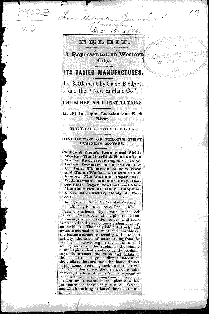 Beloit Newspaper Article/Clipping Wisconsin Historical Society