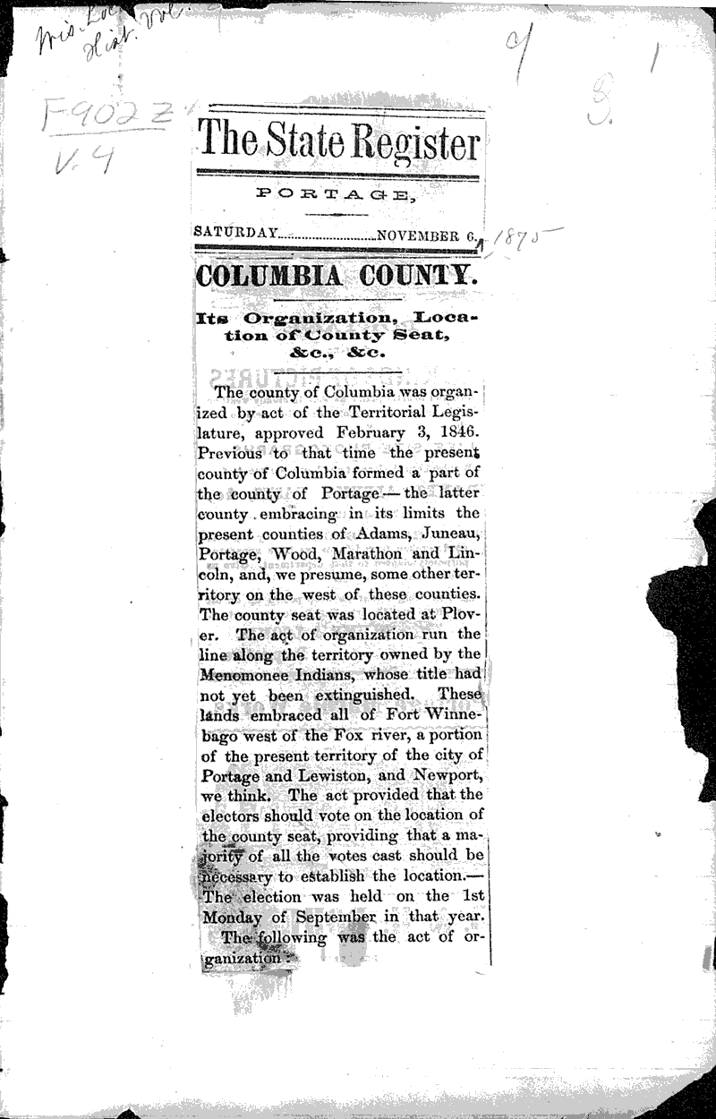  Source: Wisconsin State Register Topics: Government and Politics Date: 1875-11-06