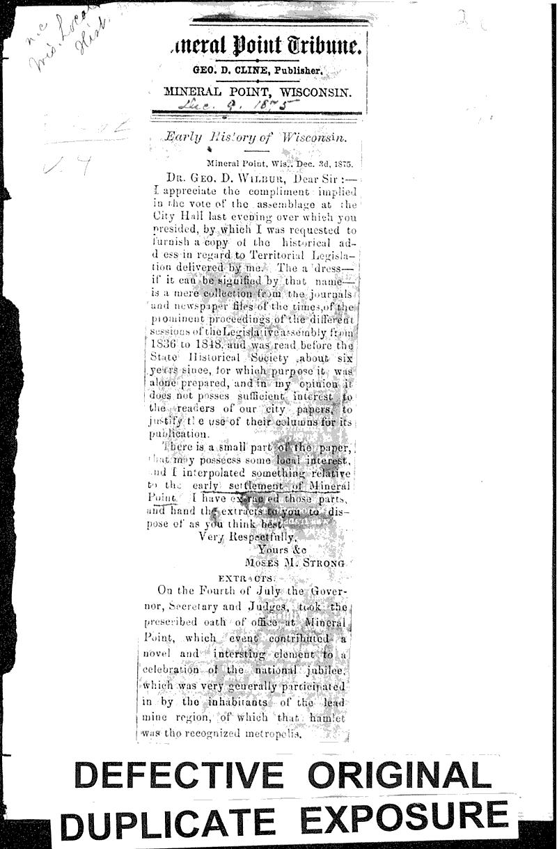 Mineral Point, Wisconsin Newspaper Article/Clipping Wisconsin
