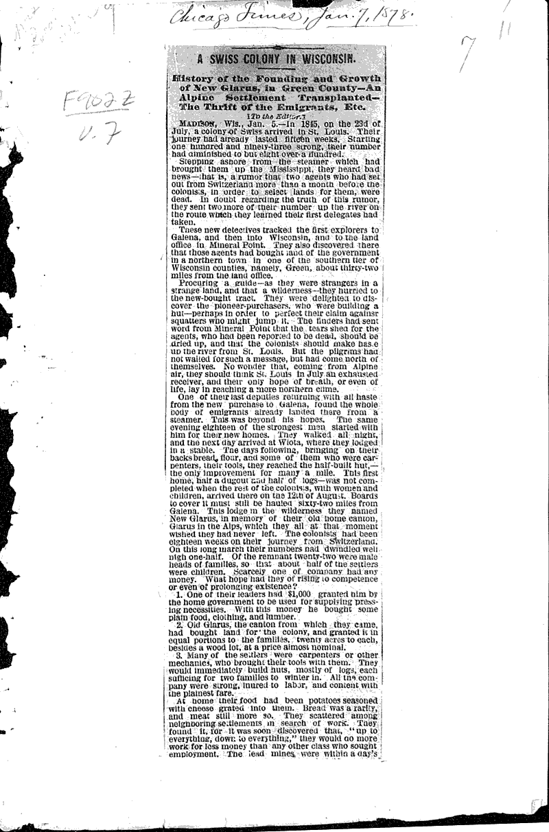 A swiss colony in Wisconsin Newspaper Article/Clipping Wisconsin