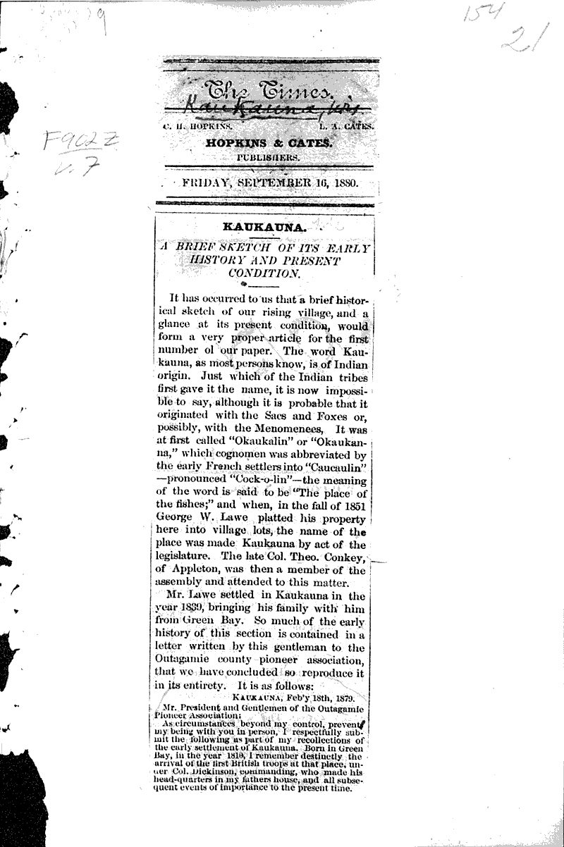  Source: Kaukauna Times Date: 1880-09-16