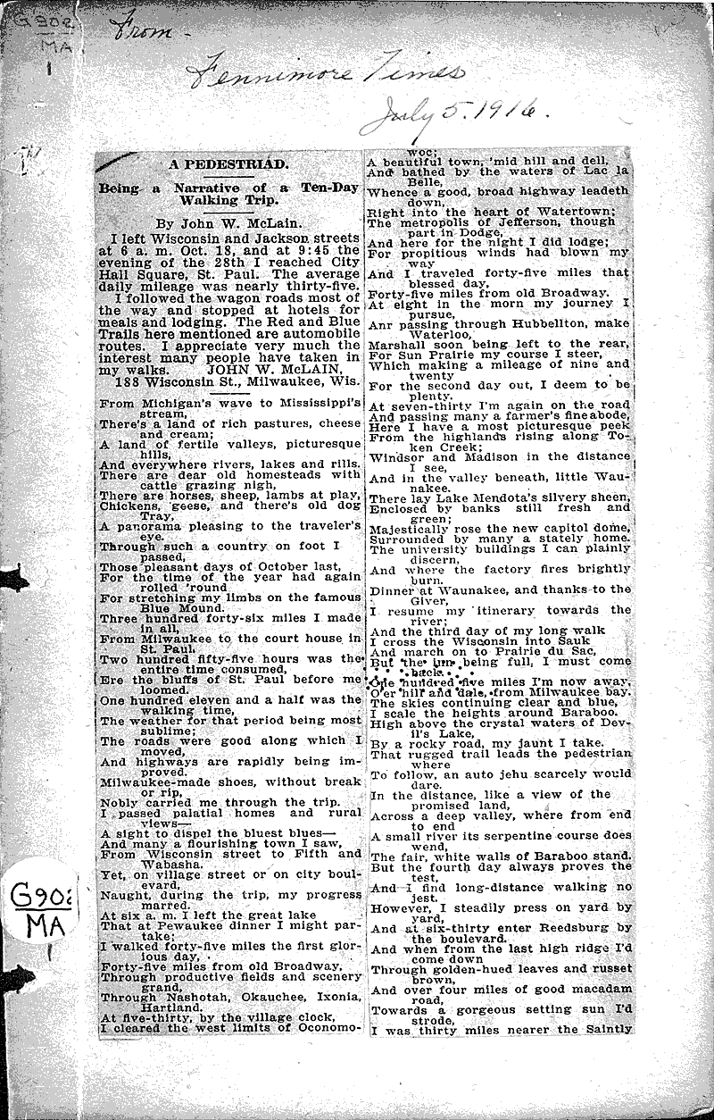 Pedestriad Newspaper Article/Clipping Wisconsin Historical Society