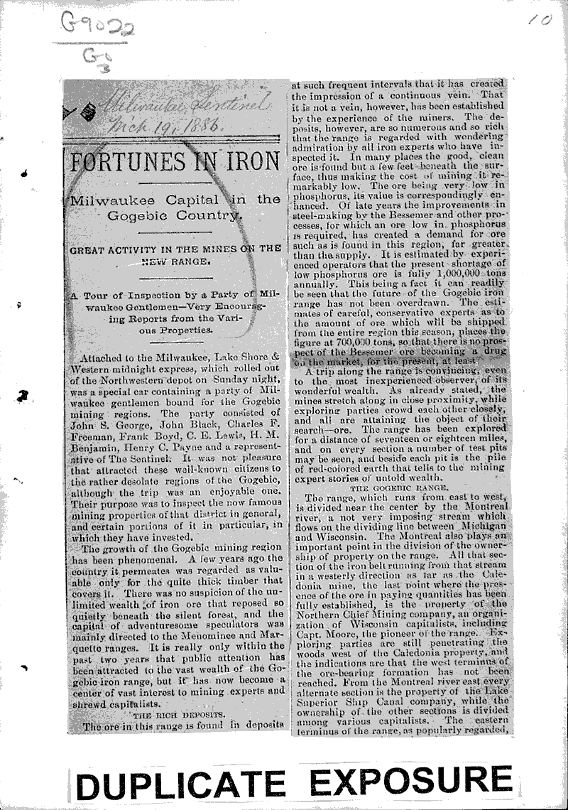 Fortunes in Iron Newspaper Article/Clipping Wisconsin Historical