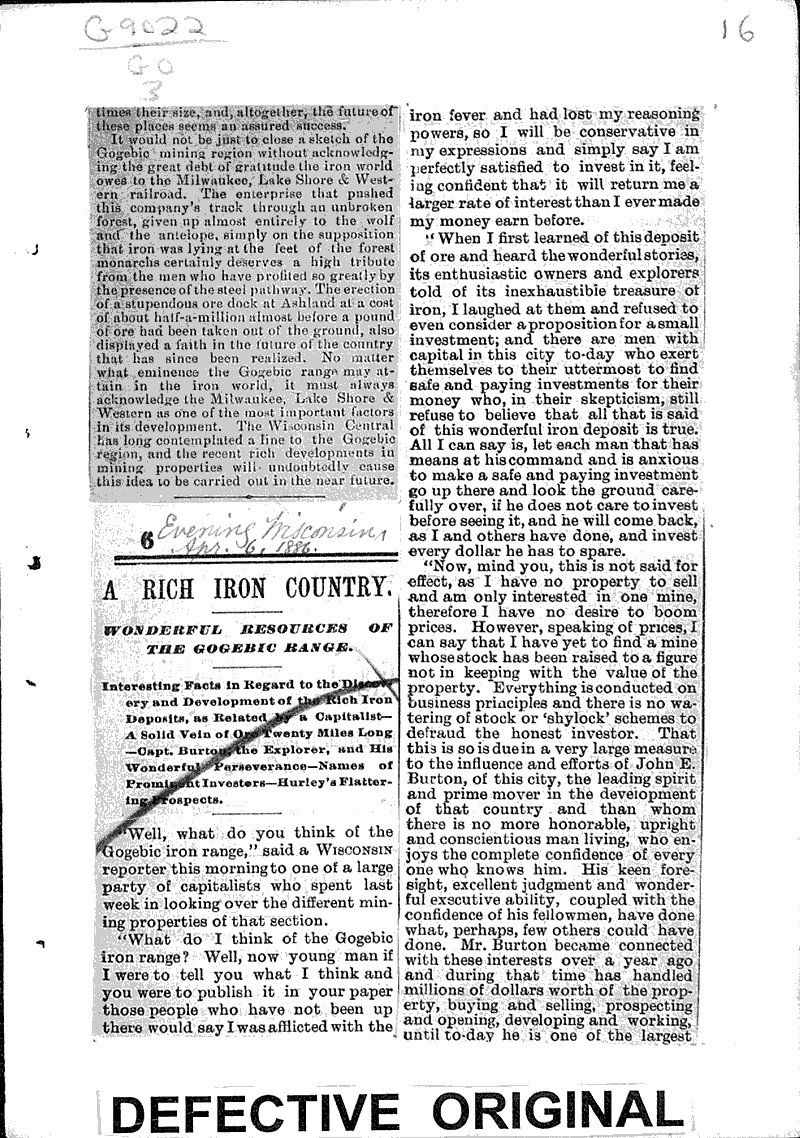 Fortunes in Iron Newspaper Article/Clipping Wisconsin Historical