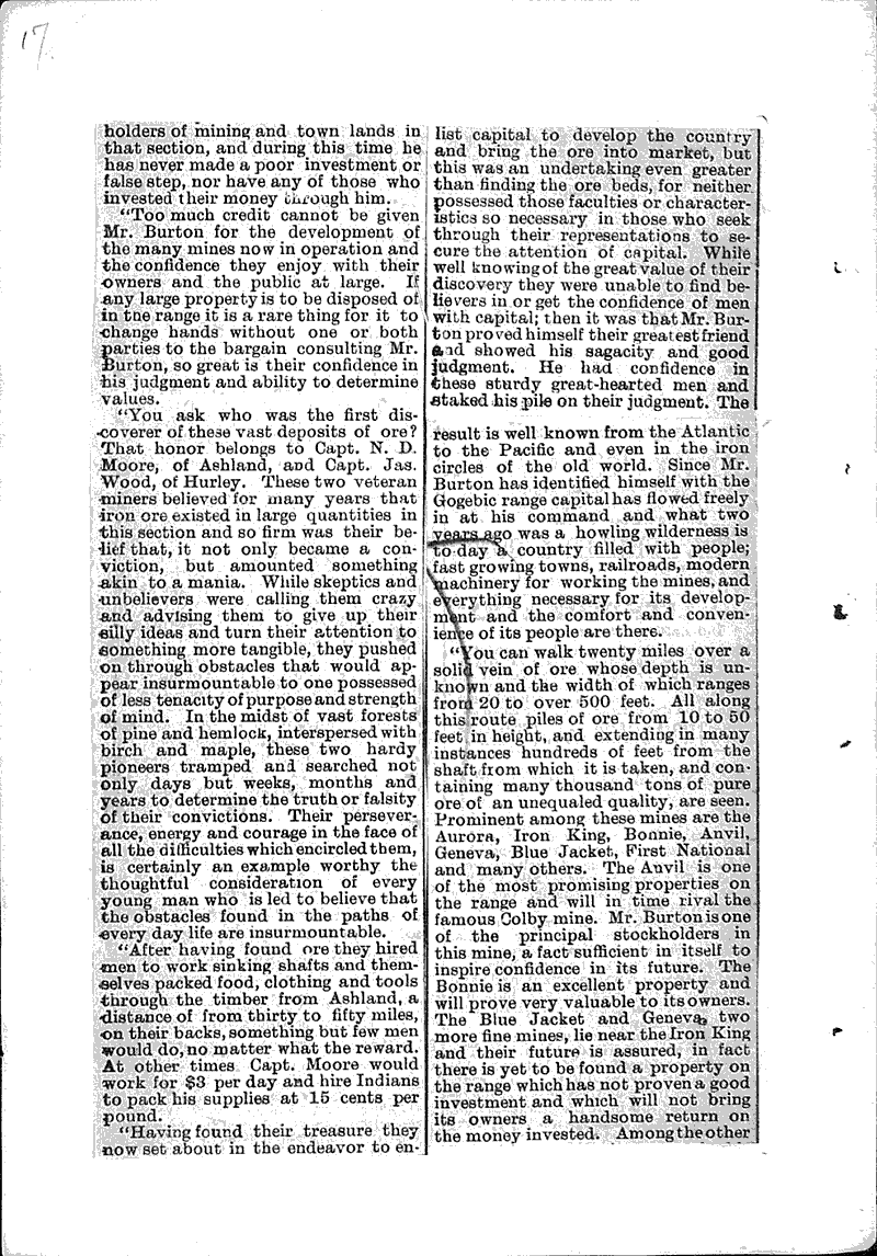 Fortunes in Iron Newspaper Article/Clipping Wisconsin Historical