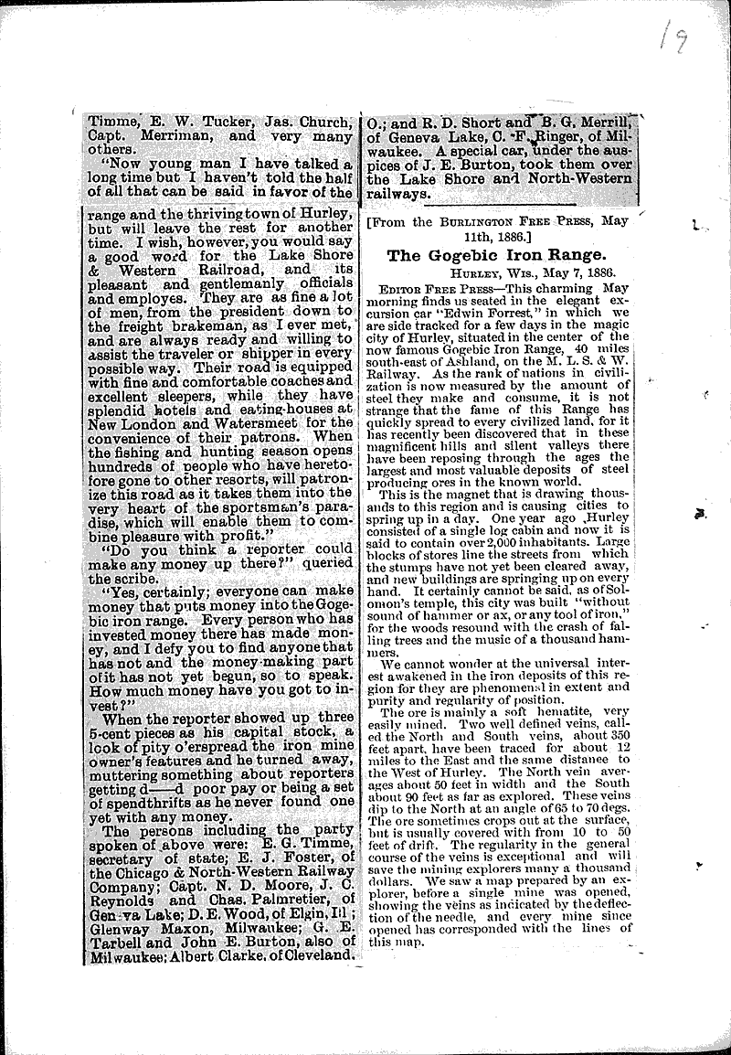 Fortunes in Iron Newspaper Article/Clipping Wisconsin Historical