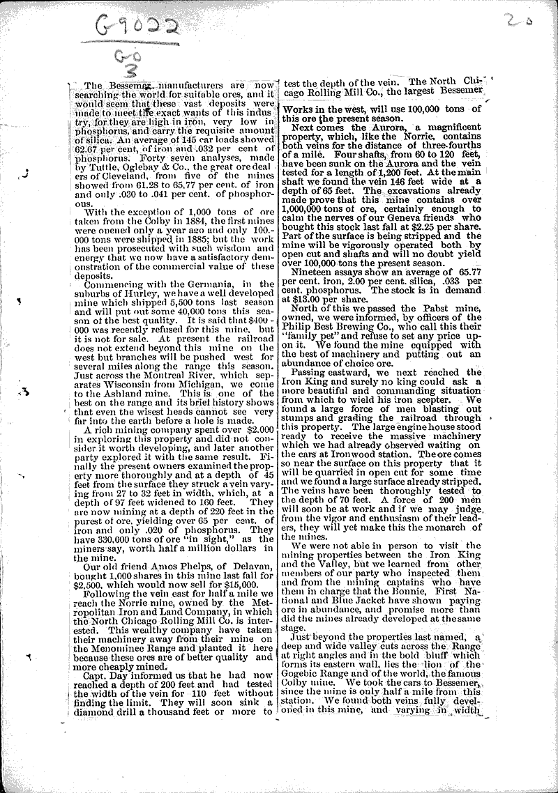 Fortunes in Iron Newspaper Article/Clipping Wisconsin Historical