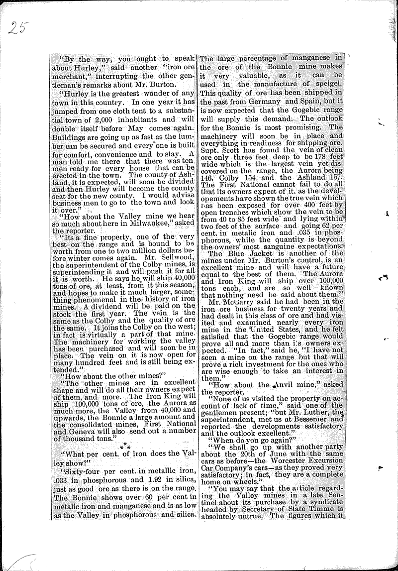 Fortunes in Iron Newspaper Article/Clipping Wisconsin Historical