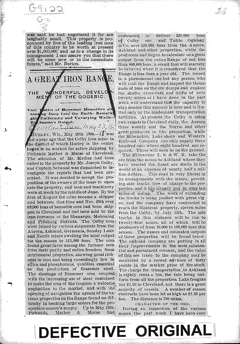 Fortunes in Iron Newspaper Article/Clipping Wisconsin Historical