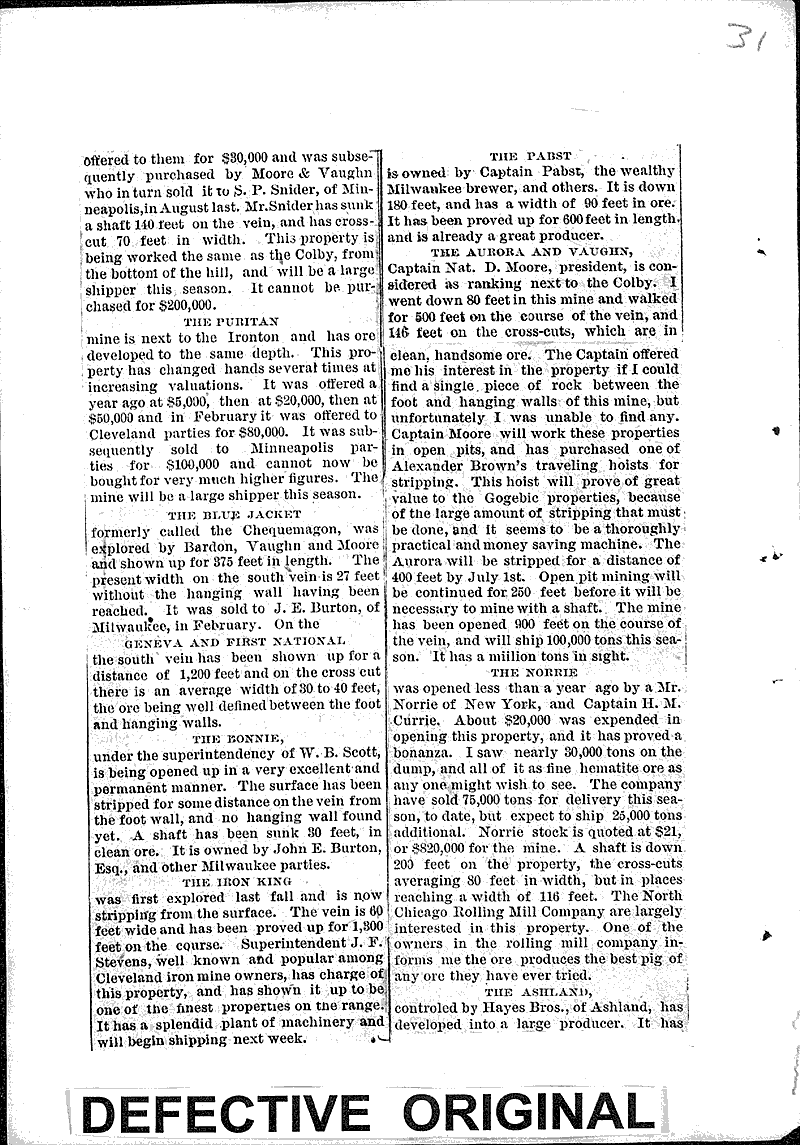 Fortunes in Iron Newspaper Article/Clipping Wisconsin Historical