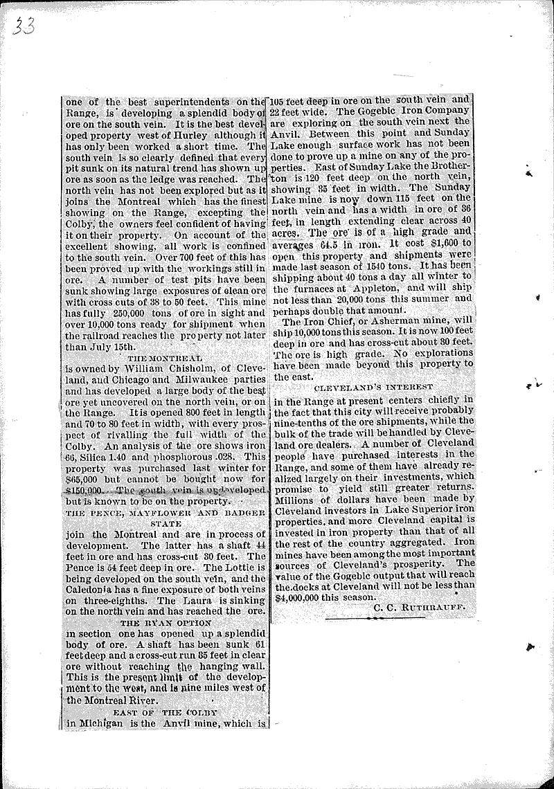 Fortunes in Iron Newspaper Article/Clipping Wisconsin Historical