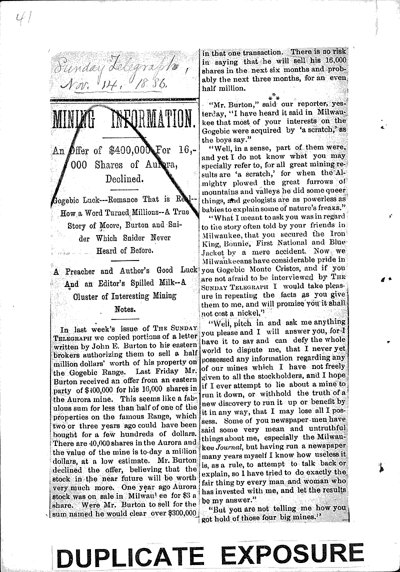 Fortunes in Iron Newspaper Article/Clipping Wisconsin Historical