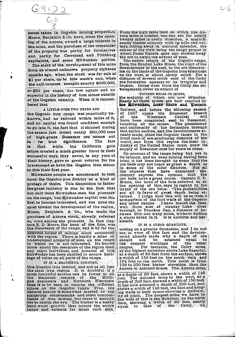 Fortunes in Iron Newspaper Article/Clipping Wisconsin Historical