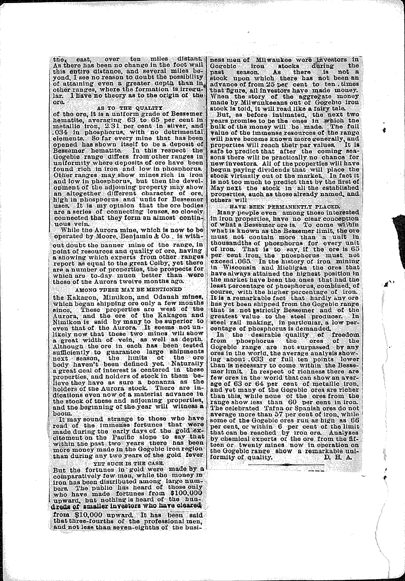 Fortunes in Iron Newspaper Article/Clipping Wisconsin Historical
