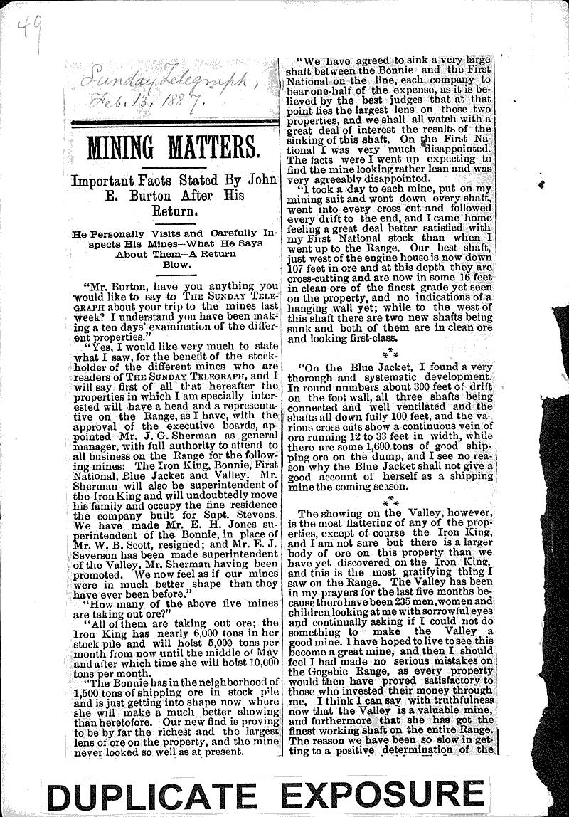 Fortunes in Iron Newspaper Article/Clipping Wisconsin Historical