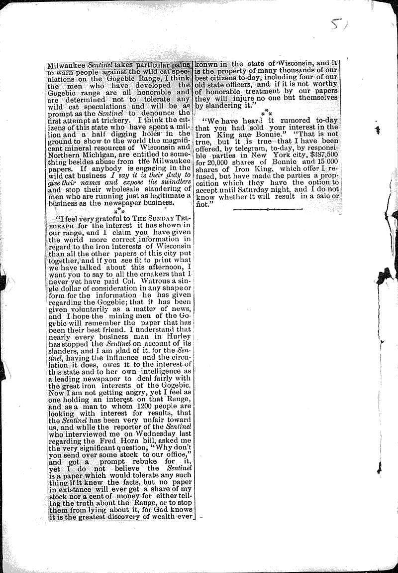 Fortunes in Iron Newspaper Article/Clipping Wisconsin Historical