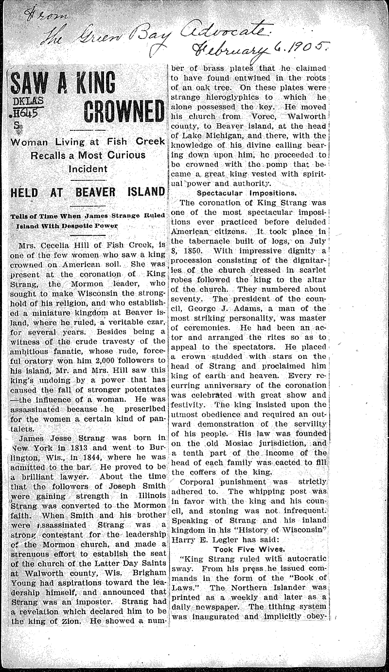  Source: Green Bay Advocate Topics: Church History Date: 1905-02-06