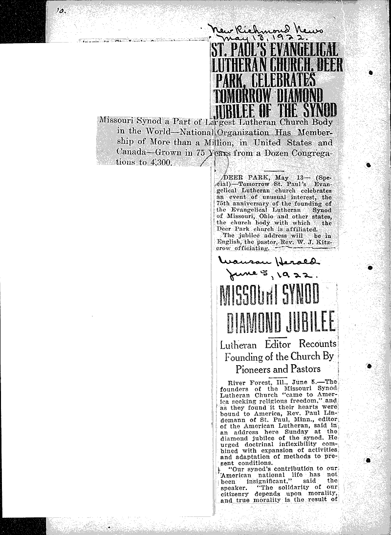  Source: Watertown Times Topics: Church History Date: 1922-04-18