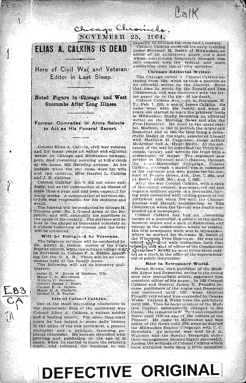  Source: Chicago Chronicle Topics: Civil War Date: 1904-11-25
