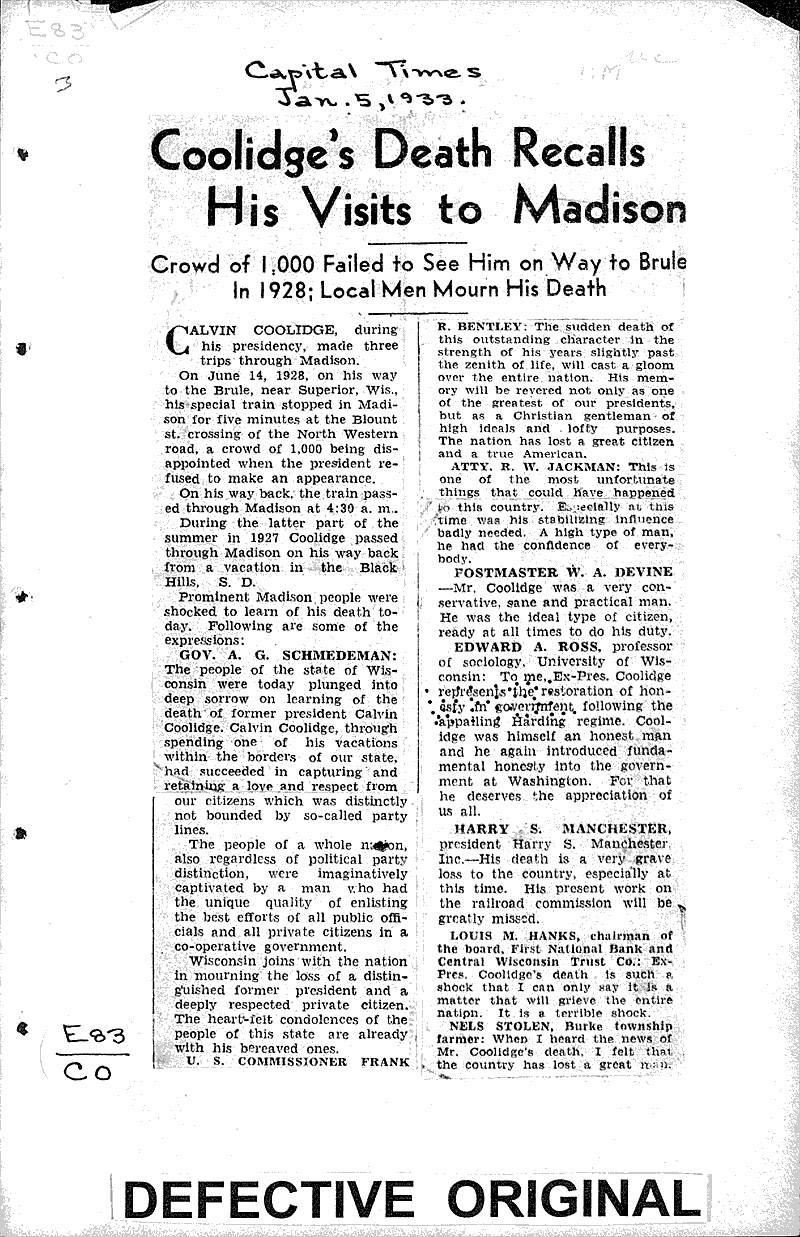  Source: Capital Times Date: 1933-01-05