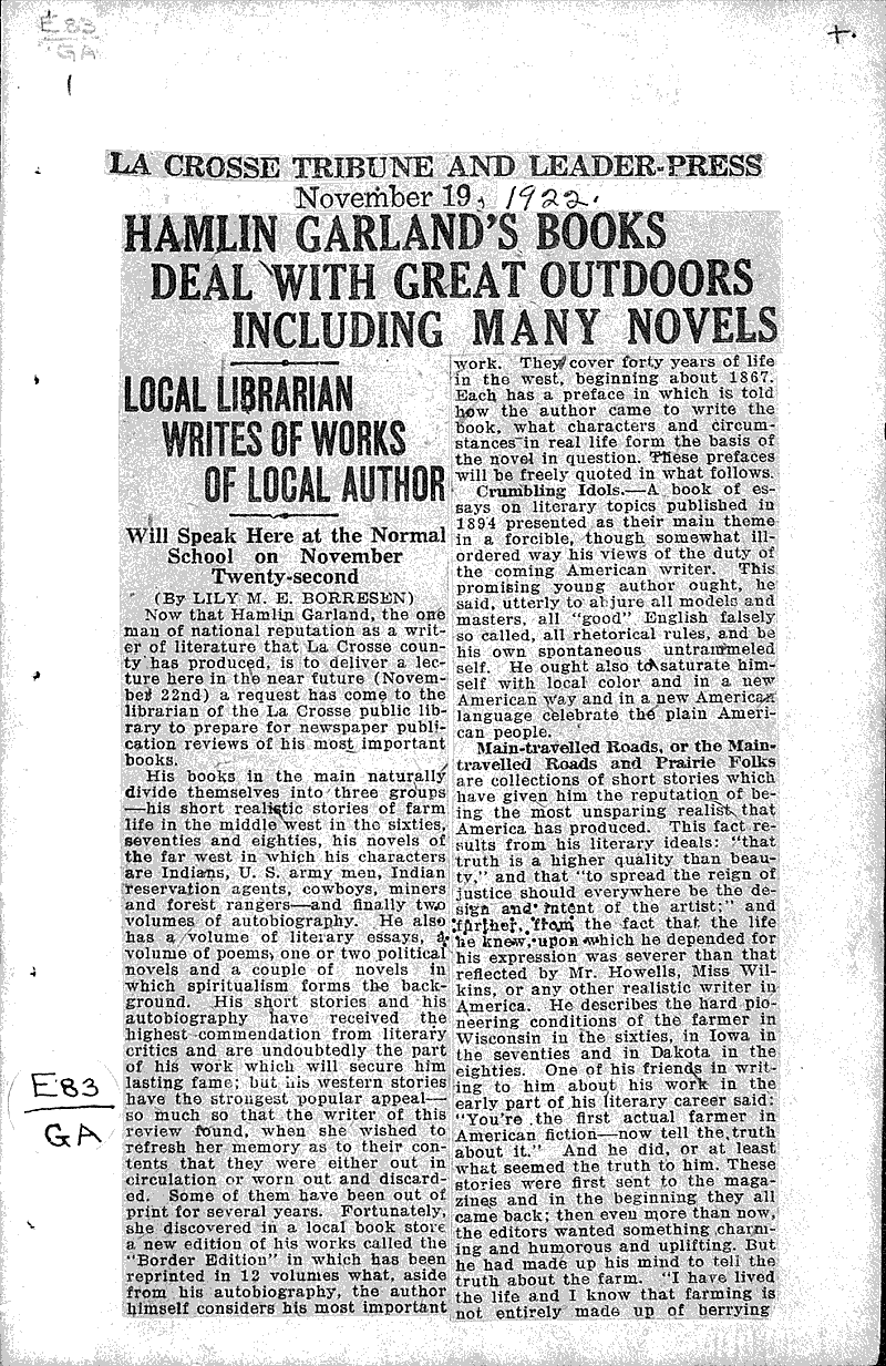  Source: La Crosse Tribune and Leader-Press Topics: Art and Music Date: 1922-11-19