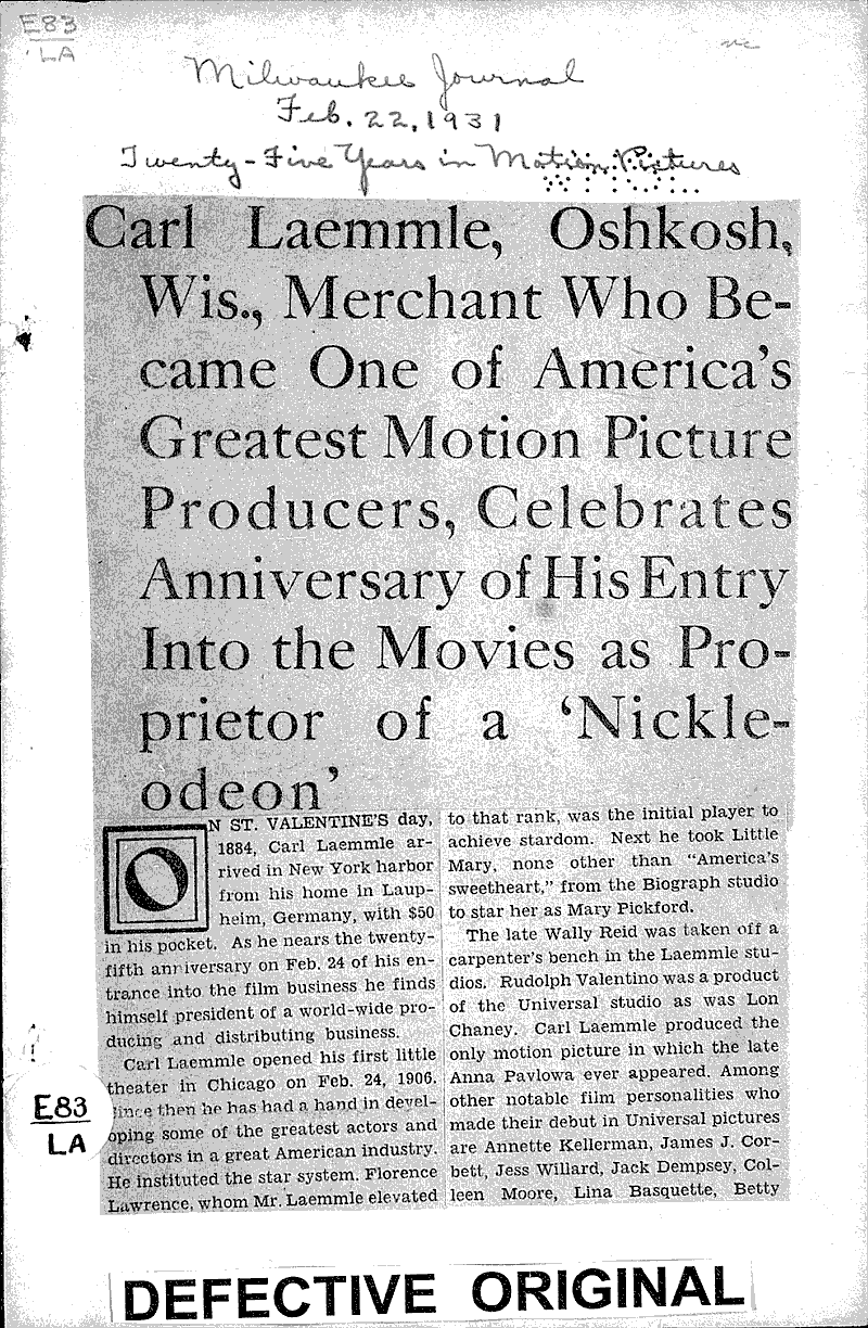  Source: Milwaukee Journal Topics: Art and Music Date: 1931-02-22
