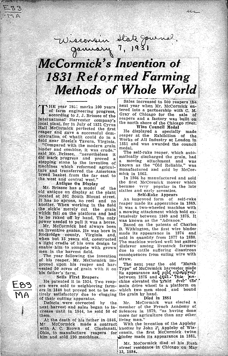  Source: Wisconsin State Journal Topics: Agriculture Date: 1931-01-07