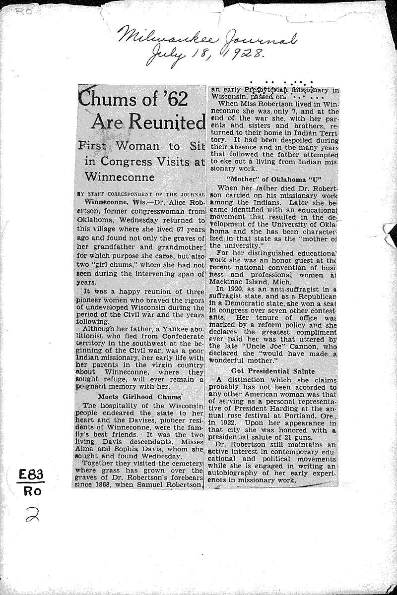 Chums of '62 are reunited First woman to sit in Congress visits at Winneconne Newspaper