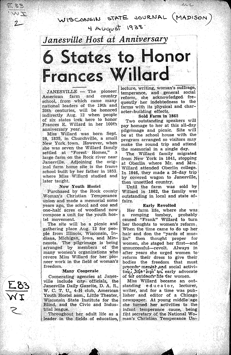  Source: Wisconsin State Journal Topics: Social and Political Movements Date: 1938-08-04
