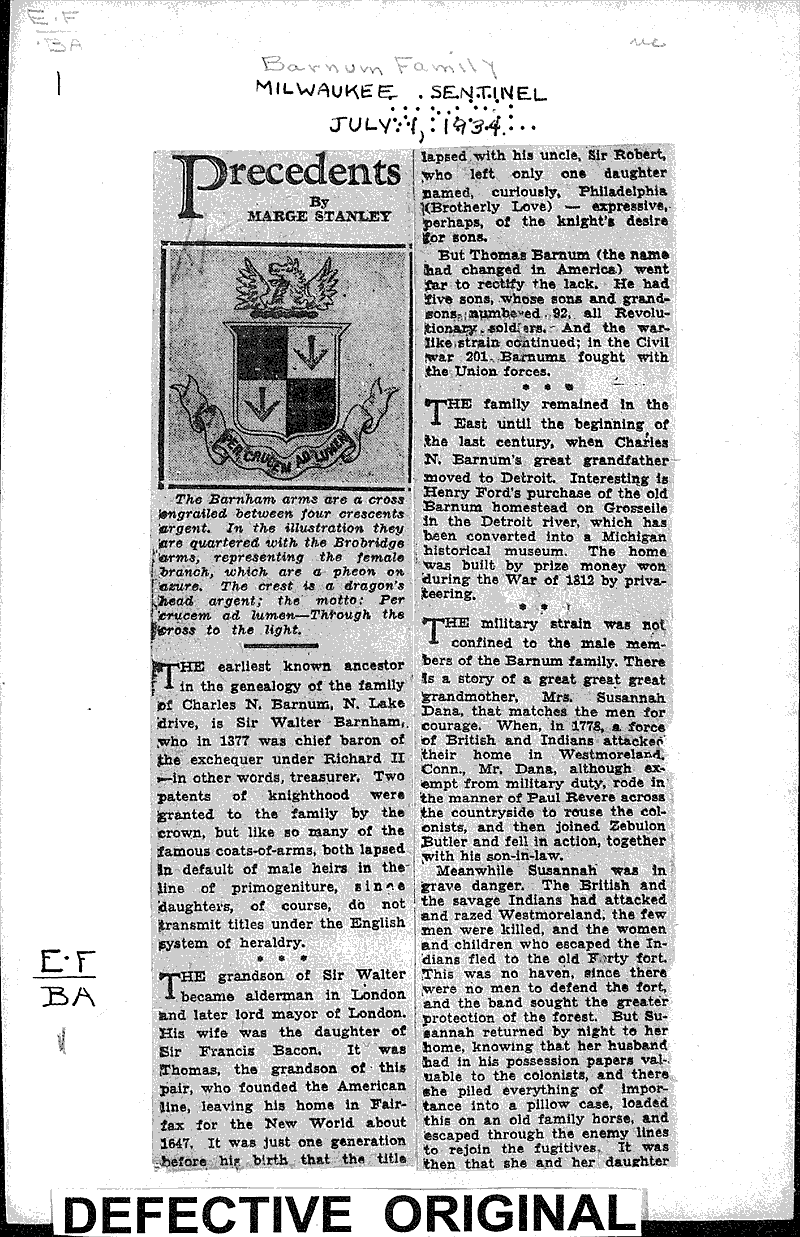 Precedents Barnum family Newspaper Article/Clipping Wisconsin