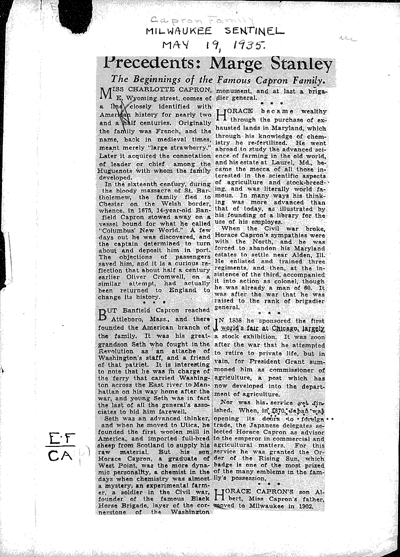 Precedents Capron family Newspaper Article/Clipping Wisconsin