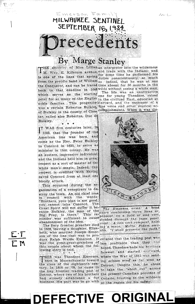 Precedents Emerson family Newspaper Article/Clipping Wisconsin