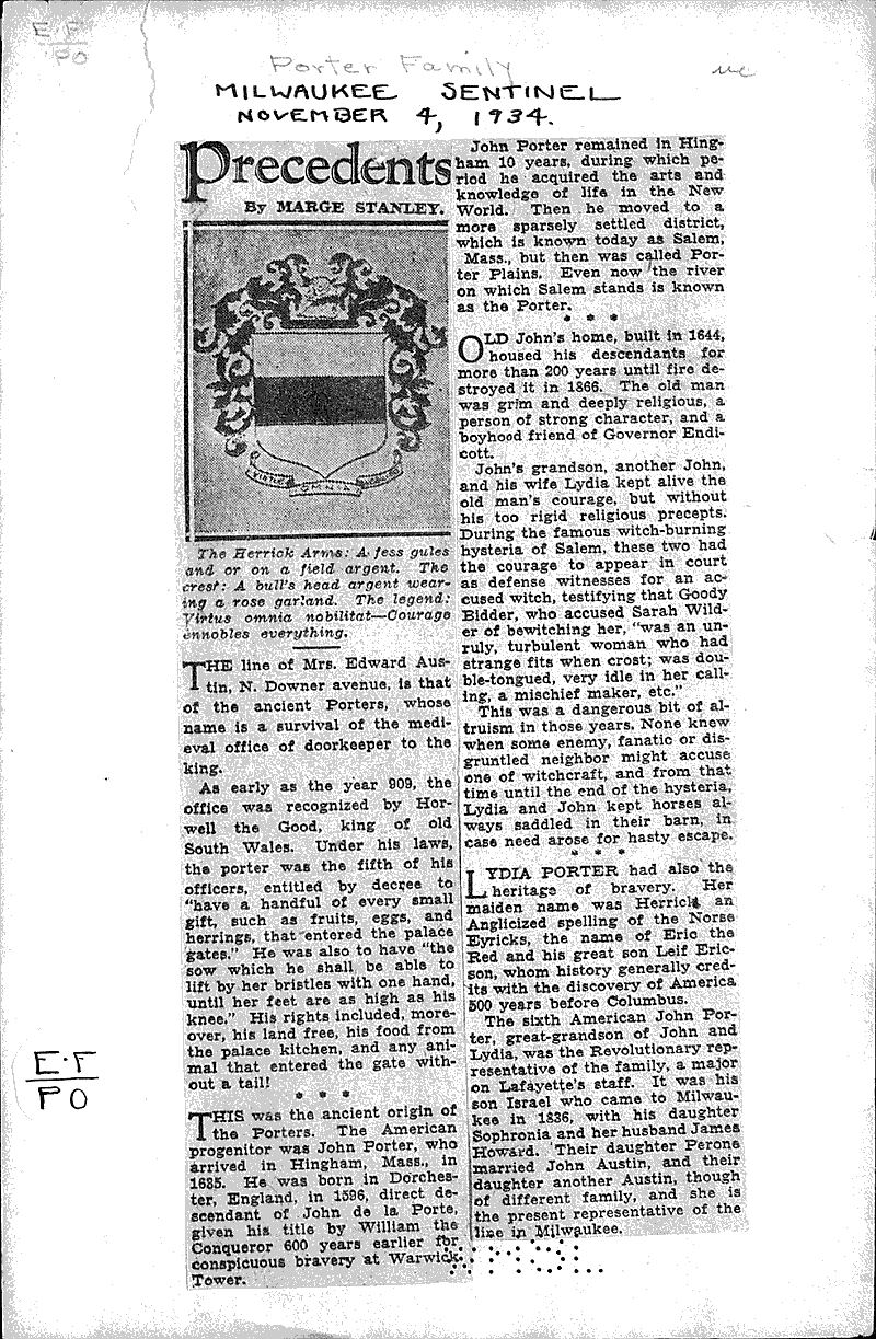 Precedents Porter family Newspaper image