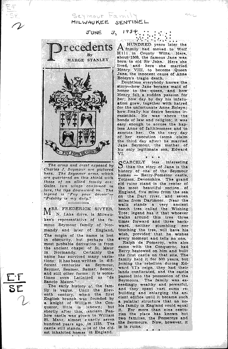 Precedents Seymour family Newspaper Article/Clipping Wisconsin