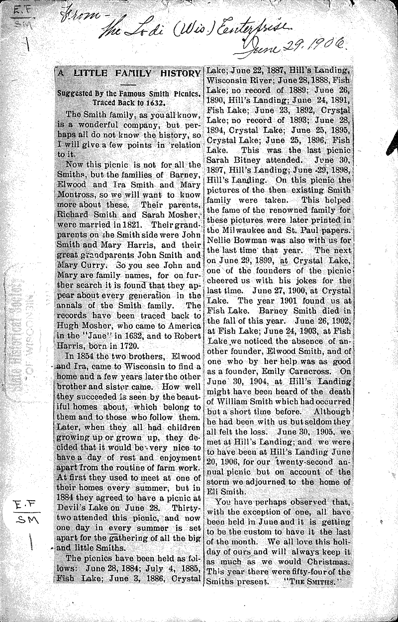 A little family history: Smith family Source: Lodi Enterprise Topics: Immigrants Date: 1906-06-29