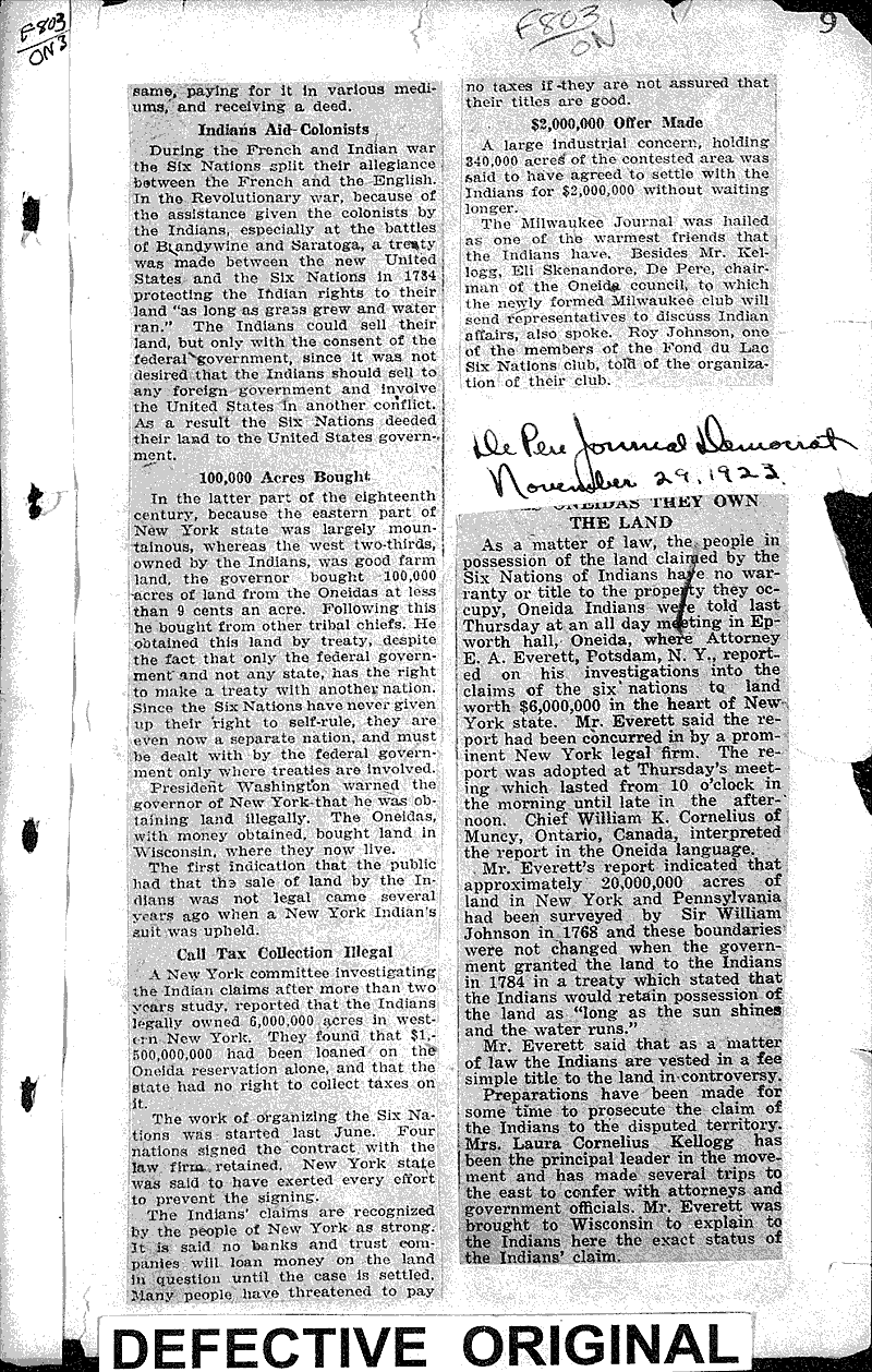 Oneidas they own the land Newspaper Article/Clipping Wisconsin