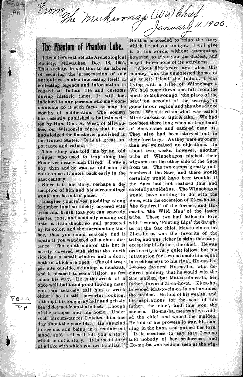  Source: Mukwonago Chief Topics: Indians and Native Peoples Date: 1906-01-11