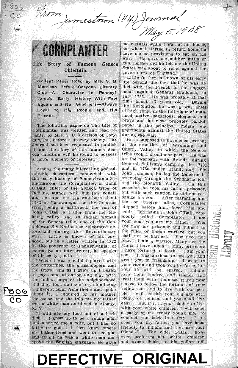  Source: Jamestown Journal (NY) Topics: Indians and Native Peoples Date: 1908-05-05