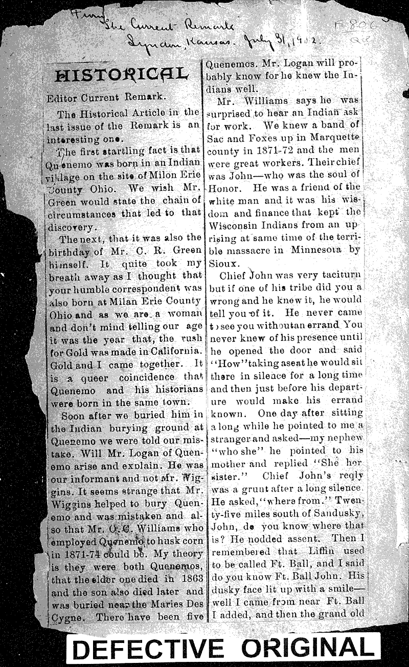 Historical Newspaper Article/Clipping Wisconsin Historical Society