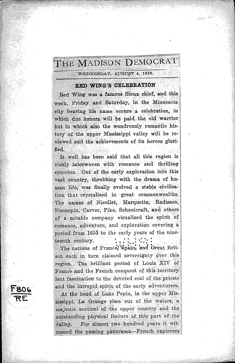  Source: Madison Democrat Topics: Indians and Native Peoples Date: 1920-08-04