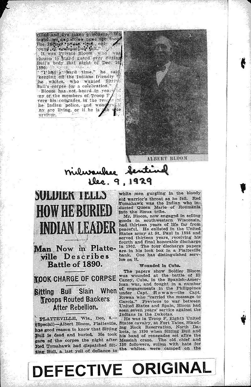 Platteville man guard of Sitting Bull Corpse Source: Wisconsin State Journal Topics: Indians and Native Peoples Date: 1929-12-01
