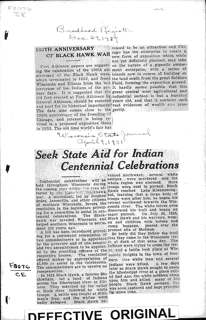  Source: Brodhead Register Topics: Indians and Native Peoples Date: 1927-12-29