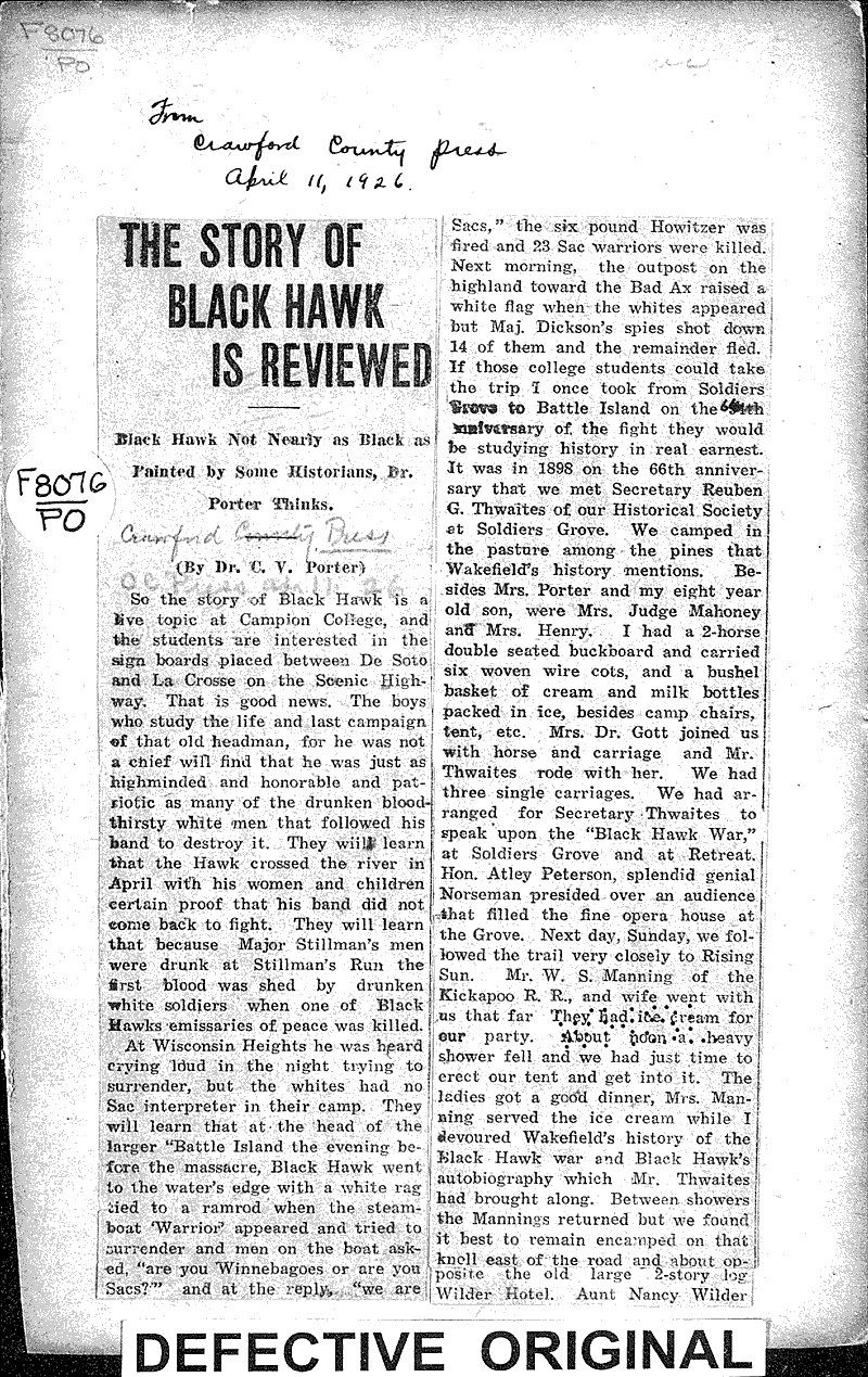 Story of Black Hawk is reviewed Newspaper Article/Clipping