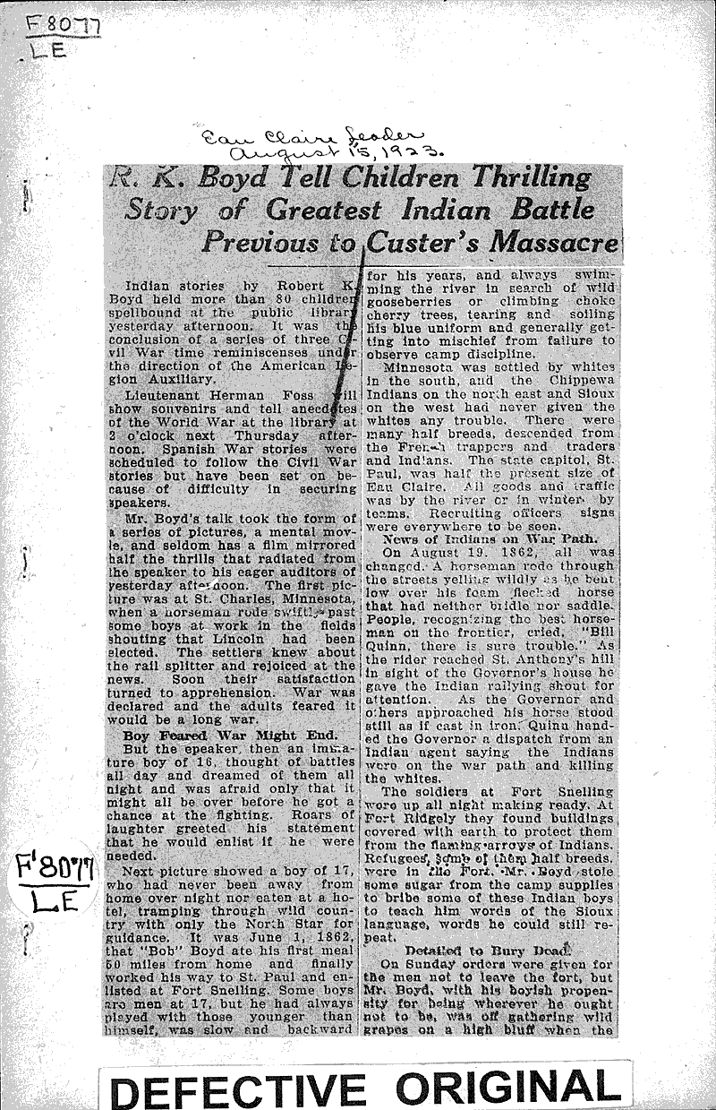  Source: Eau Claire Leader Topics: Wars Date: 1923-08-15