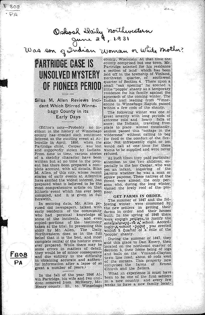  Source: Oshkosh Daily Northwestern Topics: Indians and Native Peoples Date: 1931-06-29