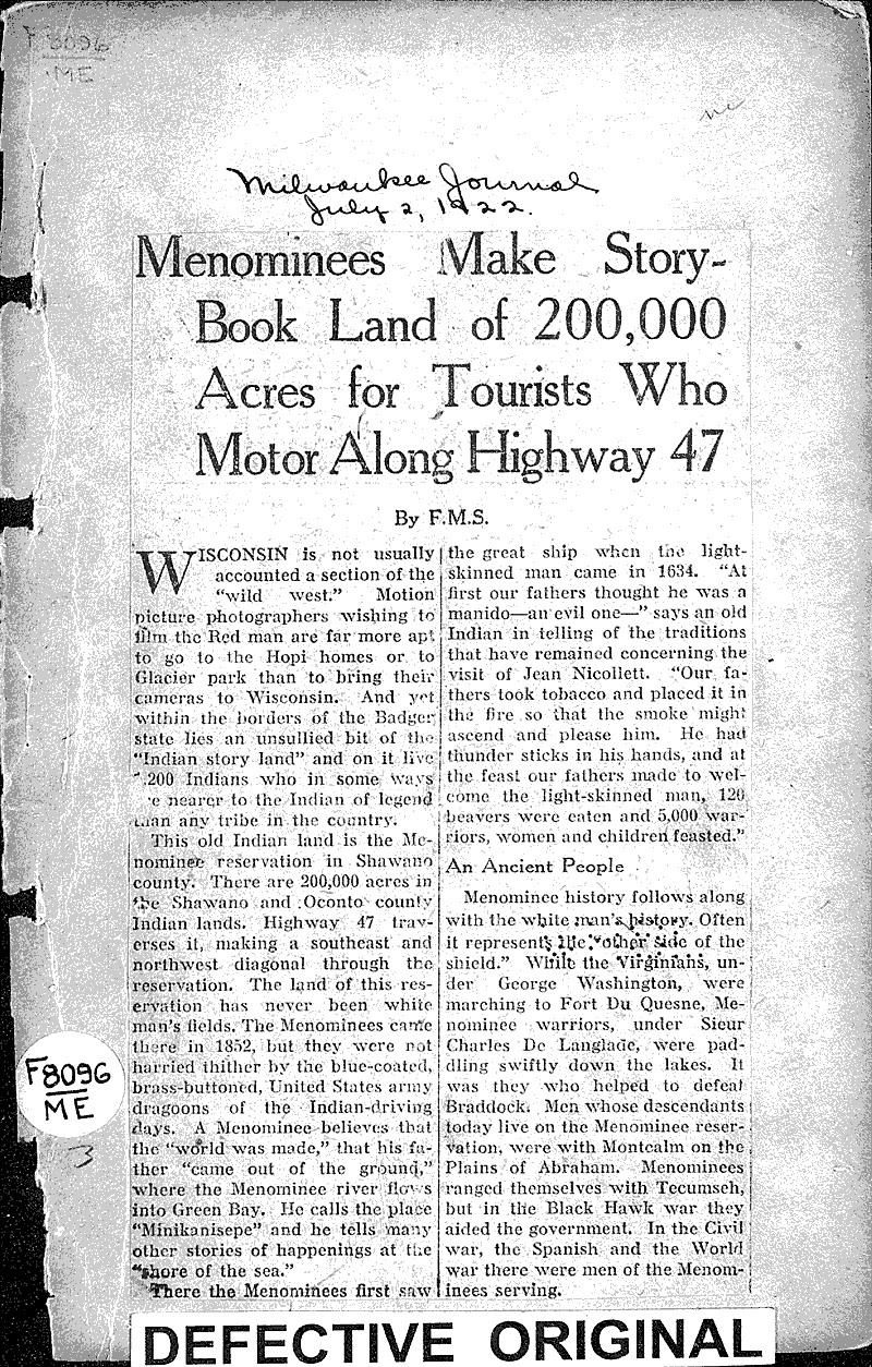  Source: Milwaukee Journal Topics: Indians and Native Peoples Date: 1922-07-02