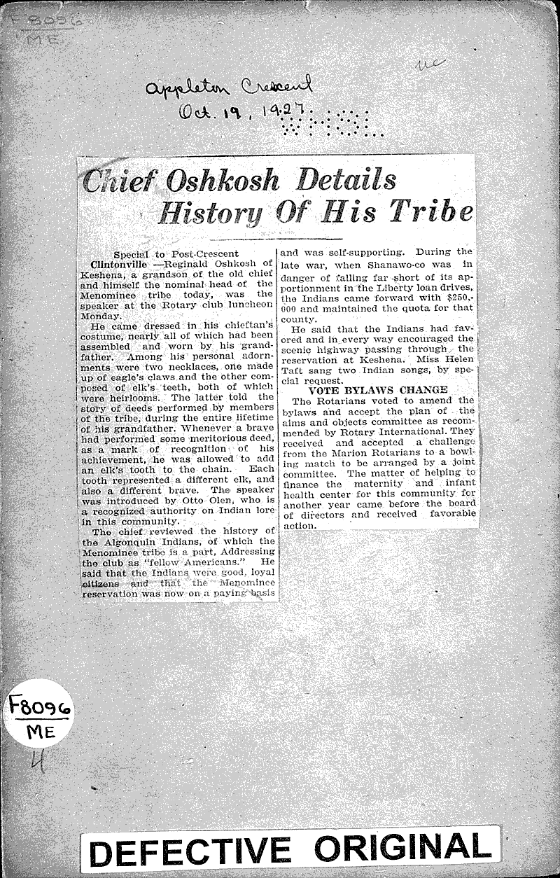  Source: Appleton Crescent Topics: Indians and Native Peoples Date: 1927-10-19